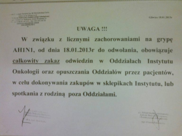 AH1N1 atakuje! Zakaz odwiedzin w Instytucie Onkologii